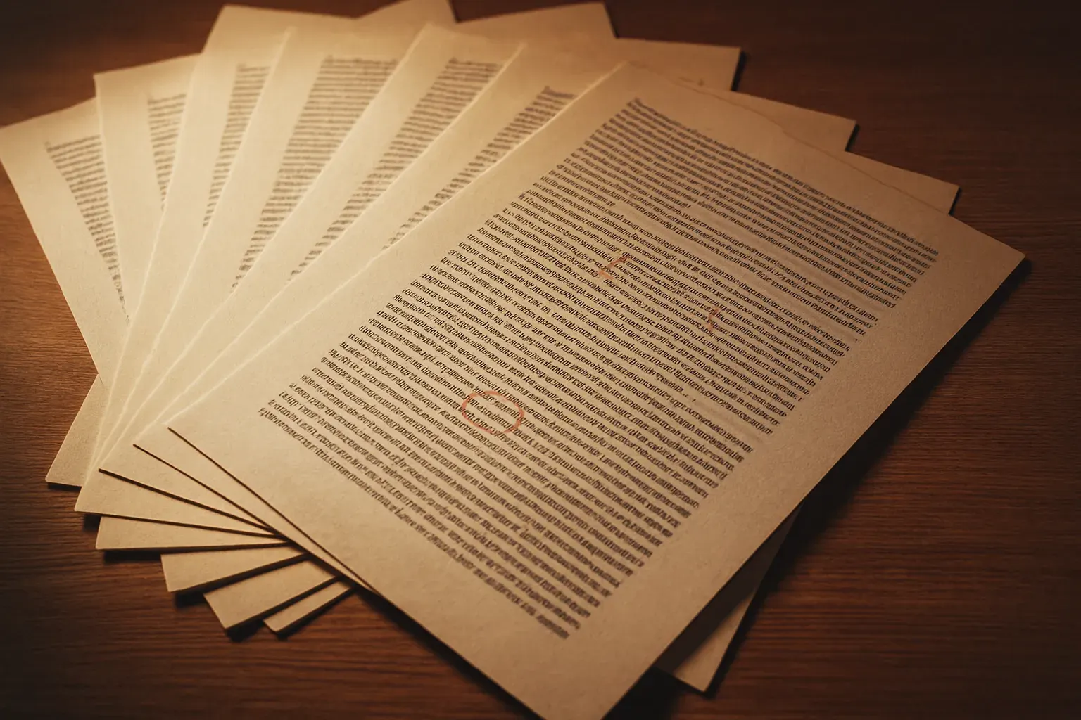 Fanned-out manuscript and proof pages